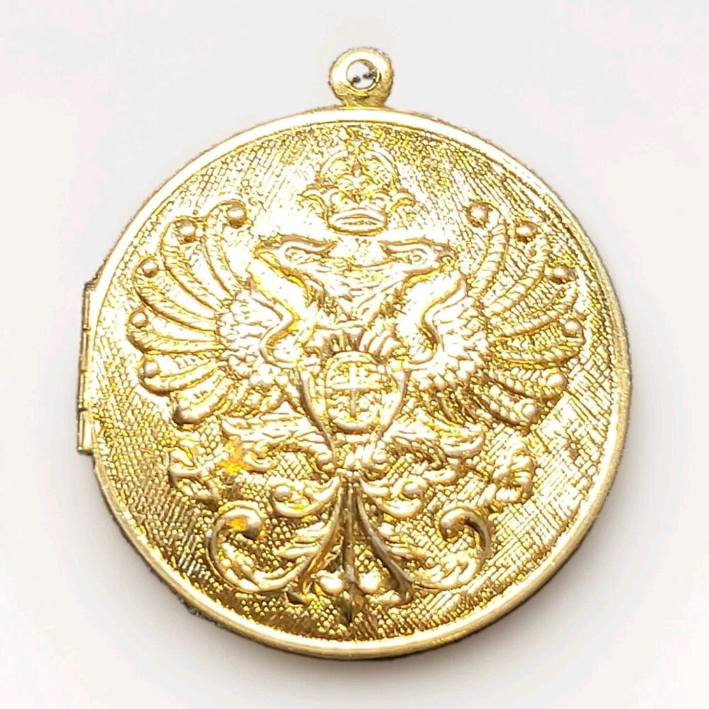 Vintage 1960s Gold Filled Round Photo Locket Etched Double Headed Eagle Crest